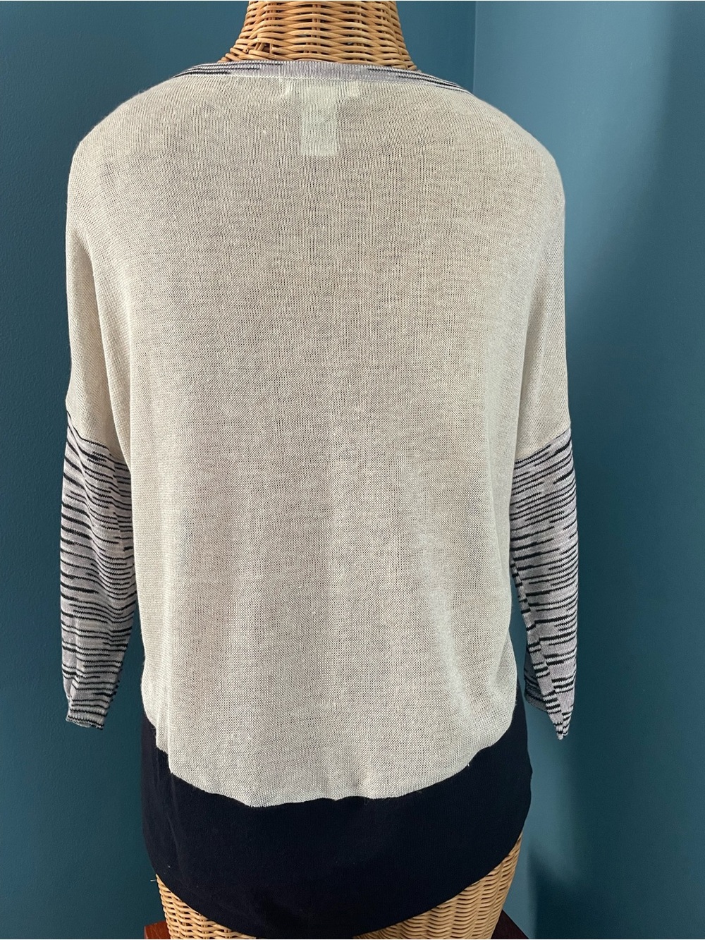 Orvis Pullover SweaterLinen Blend Color block Striped 3/4 Sleeve Black Cream - Picture 8 of 12